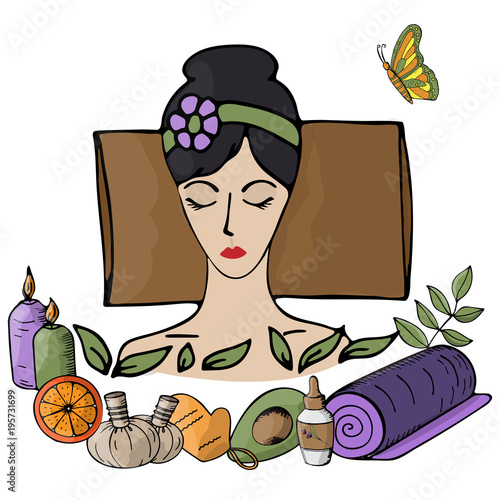 Vector illustration. Girl at the spa procedures enjoys the process. Body care, health, massage, relaxation