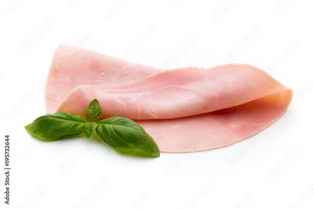 Sliced boiled ham sausage isolated on white background, top view. Sliced boiled ham sausage isolated on white background, top view.