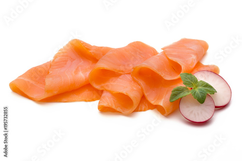 Fresh salmon slice and spice on the white background.