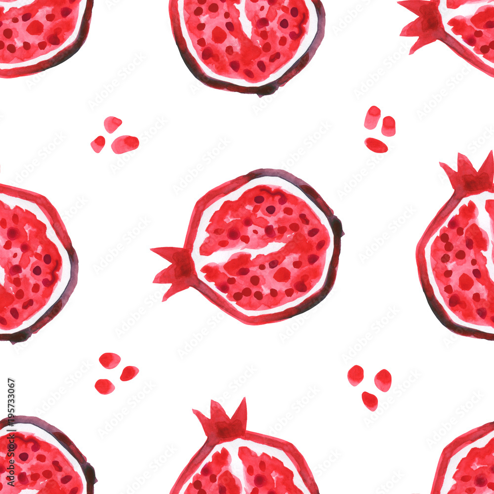 Fototapeta premium Pomegranate. Seamless Tropical pattern of exotic fruit. Hand drawn Abstract background