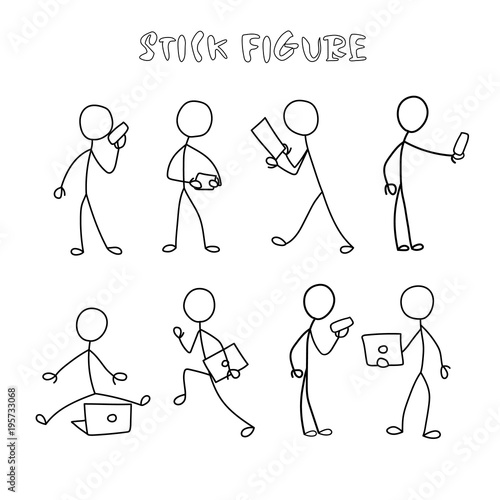 Set stick figure people with gadgets. Simple men and women black pictogram with mobile phone and computers
