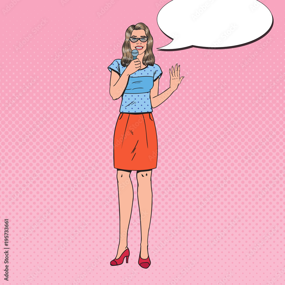 Pop Art Young Woman with Microphone. Female TV Reporter. Speaker on Presentation. Vector illustration Pop Art Young Woman with Microphone. Female TV Reporter. Speaker on Presentation. Vector illustration