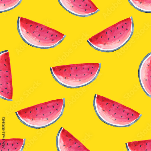 Fototapeta Naklejka Na Ścianę i Meble -  Seamless Tropical pattern of watermelon. Hand drawn watercolor background