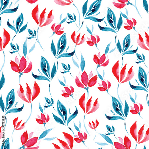 Seamless watercolor pattern of red flowers and turquoise leaves on a white background.