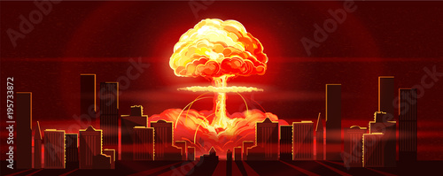 Atomic bomb in city. Symbol of nuclear war, end of world, dangers of nuclear energy. Nuclear explosion
