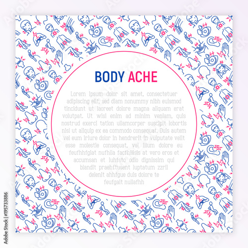 Body aches concept with thin line icons: migraine, toothache, pain in eyes, ear, when urinating, chest pain, menstrual, joint, arthritis, rheumatism. Vector illustration for banner, web page template.