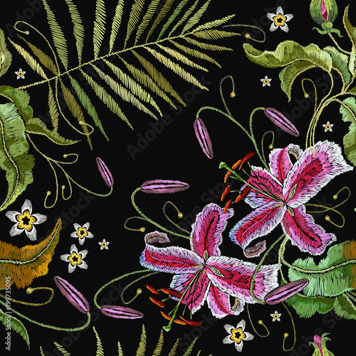 Embroidery palm leaves and orchid exotic tropical flowers. Beautiful tropical embroidery, summer orchids flowers. Template for clothes, t-shirt design