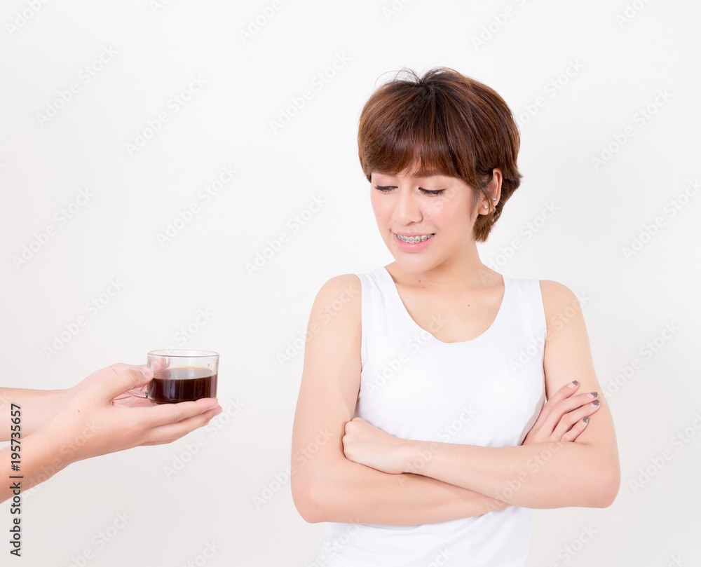 Barista giving cup of coffee to young asia woman. . Isolated on white background. Studio lighting. Concept for healthy. Barista giving cup of coffee to young asia woman. . Isolated on white background. Studio lighting. Concept for healthy.