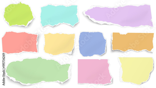 Set of color paper different shapes tears isolated on white background