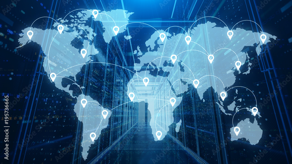Server room which connected to the global cloud data,3d rendering. Server room which connected to the global cloud data,3d rendering.