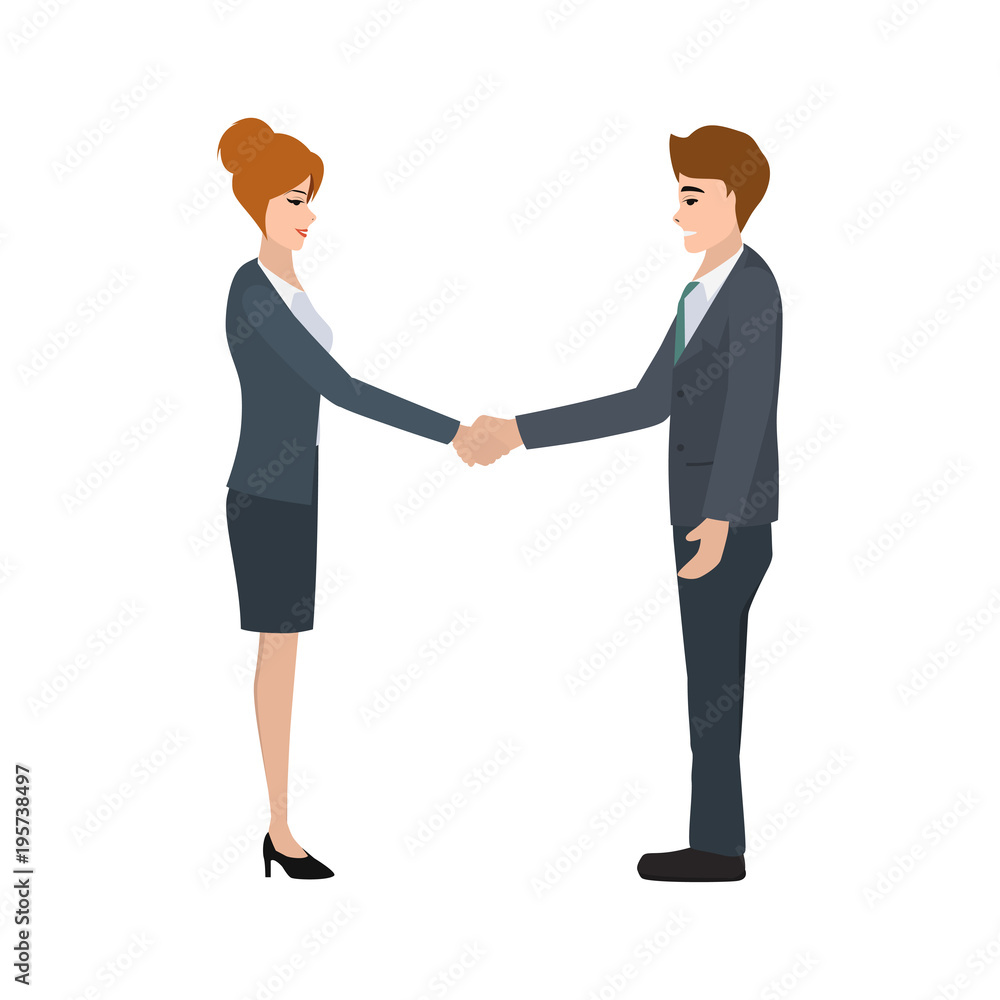 Businesswoman and businessman shaking hands. business people character in job. Illustration vector flat design. Businesswoman and businessman shaking hands. business people character in job. Illustration vector flat design.