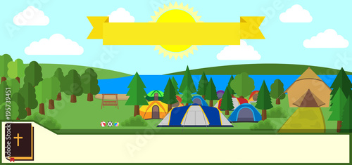 tourist tent and green meadow, on a cloudy sky. Summer camping. Natural landscape. Outdoor activities. Vector illustration.