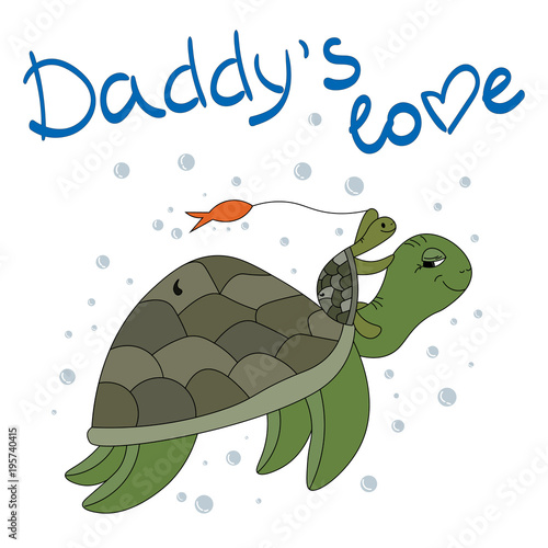 A turtle and a small turtle are playing under the water. Daddy's love