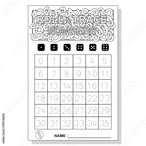 Roll and trace numbers. Children's dice game template design. Vector illustration.