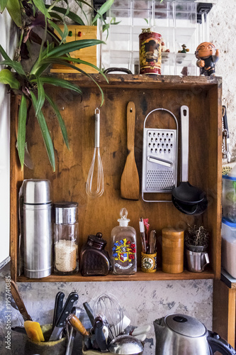 Vintage retro kitchen tools in a crate