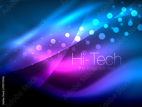 Neon wave background with light effects, curvy lines with glittering and shiny dots, glowing colors in darkness, magic energy