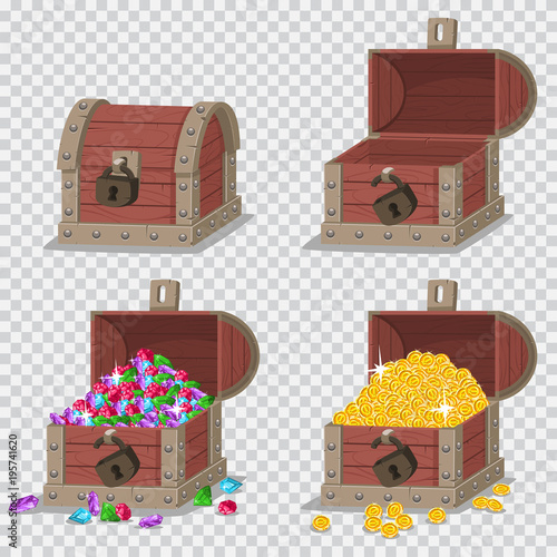 Wooden pirate chest with treasures, gold coins and gems, empty open and closed with a lock. Vector cartoon set of game icons isolated on transparent background.