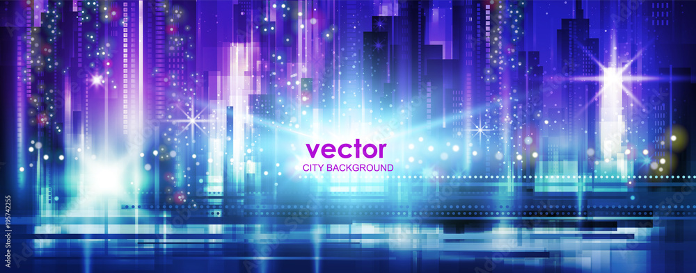 Night city background, with glowing lights, vector illustration
