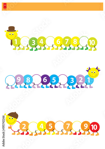 Smiling catepillars with missing numbers 1-10  / colorful  math worksheet 