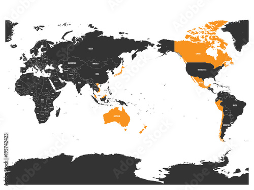 Map of Comprehensive and Progressive Agreement for Trans-Pacific Partnership, CPTPP or TPP11. Yellow highlighted member states. Vector illustration. photo