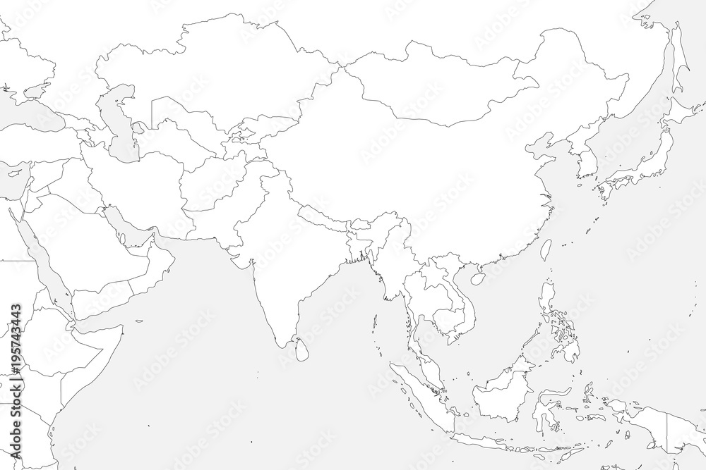 Blank political map of western, southern and eastern Asia. Thin black ...