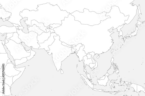 Blank political map of western, southern and eastern Asia. Thin black outline borders on light grey background. Vector illustration. photo