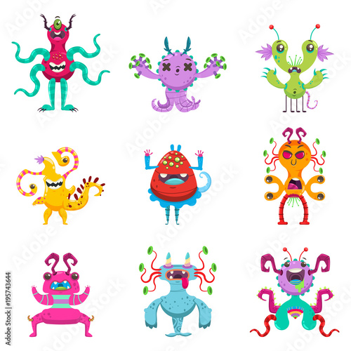 Cute cartoon monsters set. Vector flat character of funny creatures isolated on white background.