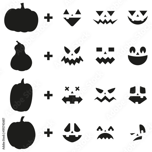 Pumpkin carving ideas jack o lantern face set. Vector design elements of emotion for Halloween. Black silhouette template for a laser or plotter cutting isolated on a white background.