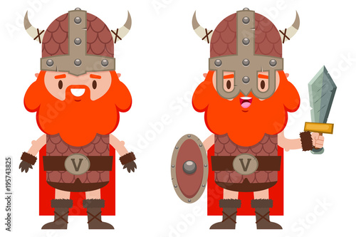 Cute viking with a beard in a medieval helmet, with shield and sword. Vector cartoon flat character set of man warriors isolated on white background.