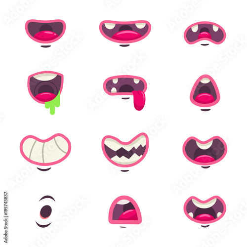 Cute cartoon monster mouth with tongue and teeth. Vector set of funny comic expressions of flat characters isolated on white background.