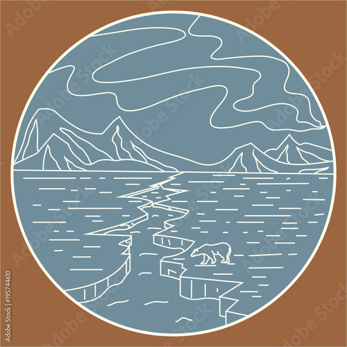 Arctic mountain pattern, ice, bear and Northern Lights