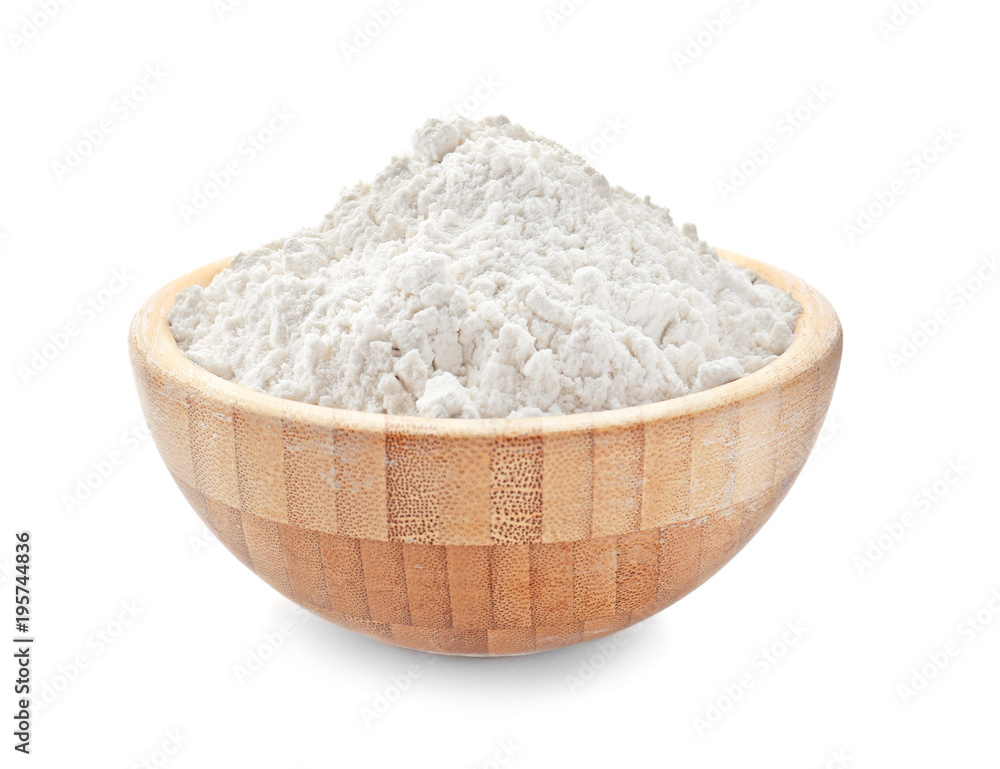 Bowl with wheat flour on white background Bowl with wheat flour on white background