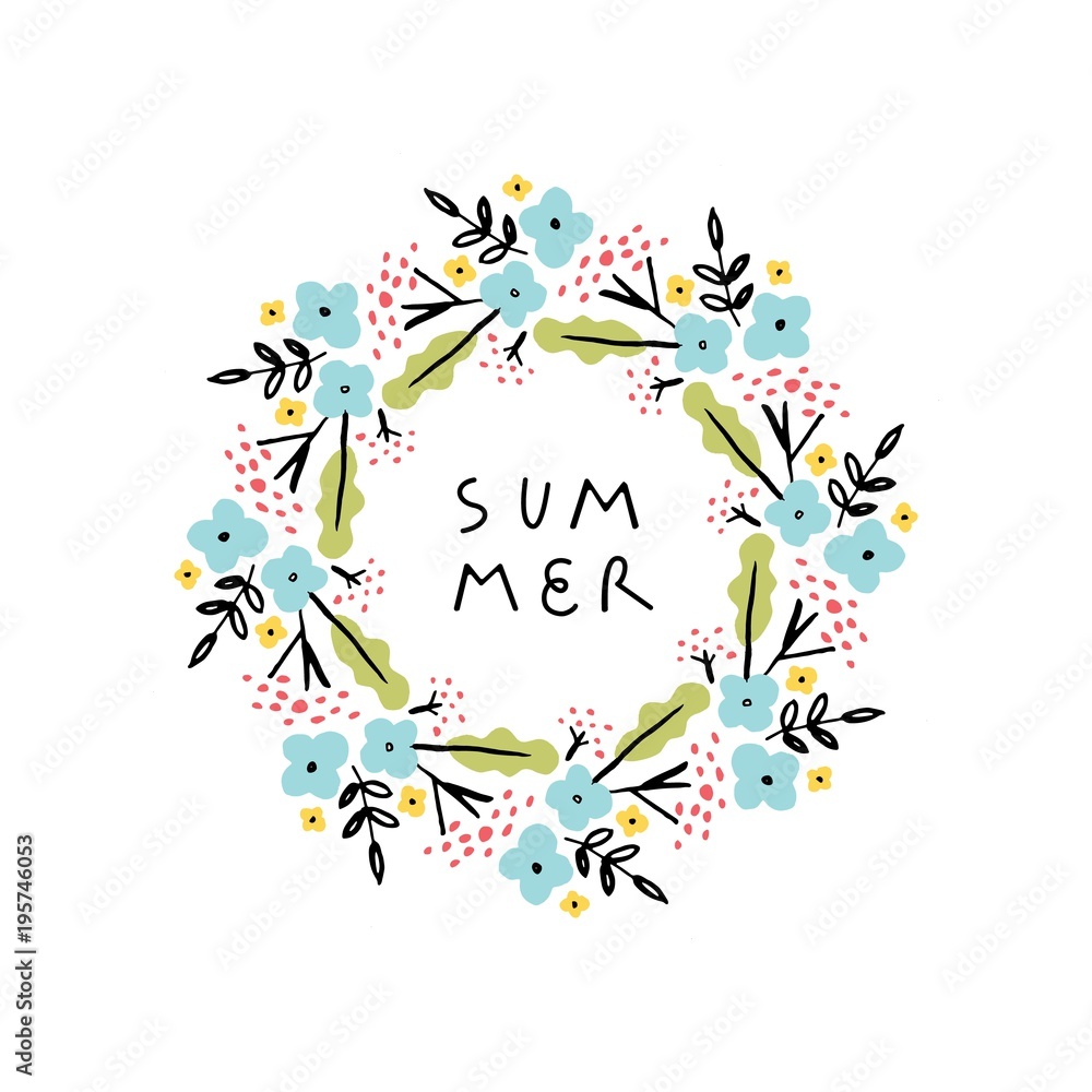 Hello Summer, modern hand drawn illustration Handwritten inscriptions for layout and template.