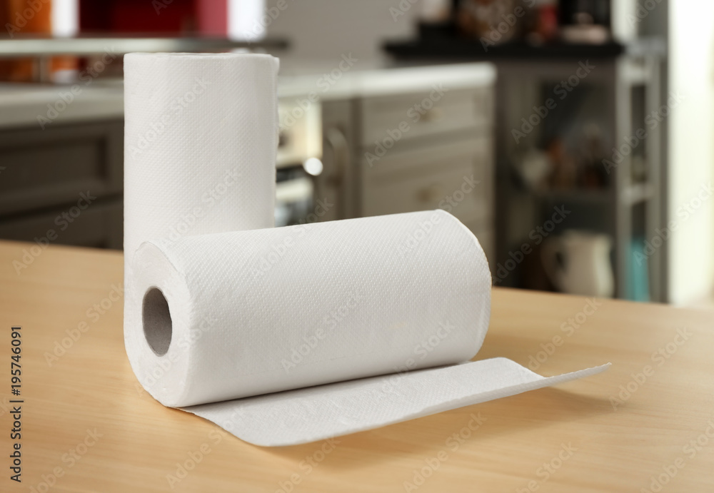 Fototapeta premium Rolls of paper towels on table indoors