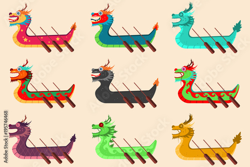 Dragon boat racing set for the Chinese festival. Vector cartoon icons isolated on background.