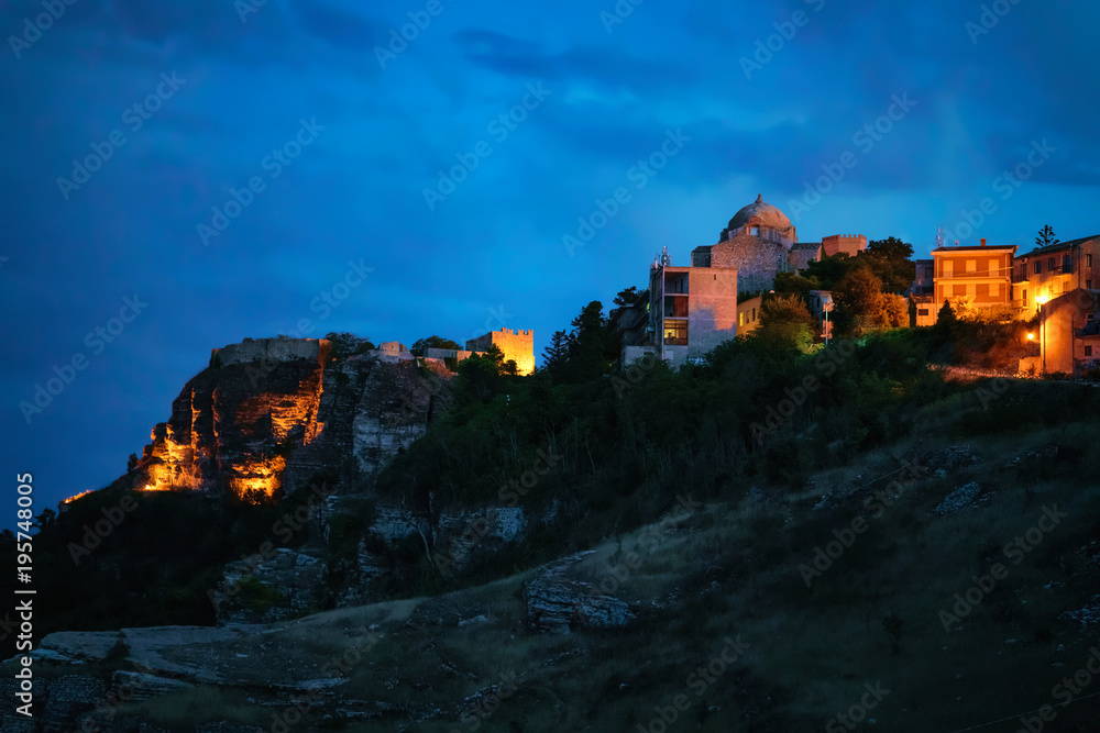 Cityscape of Erice old town on mountain Sicily night