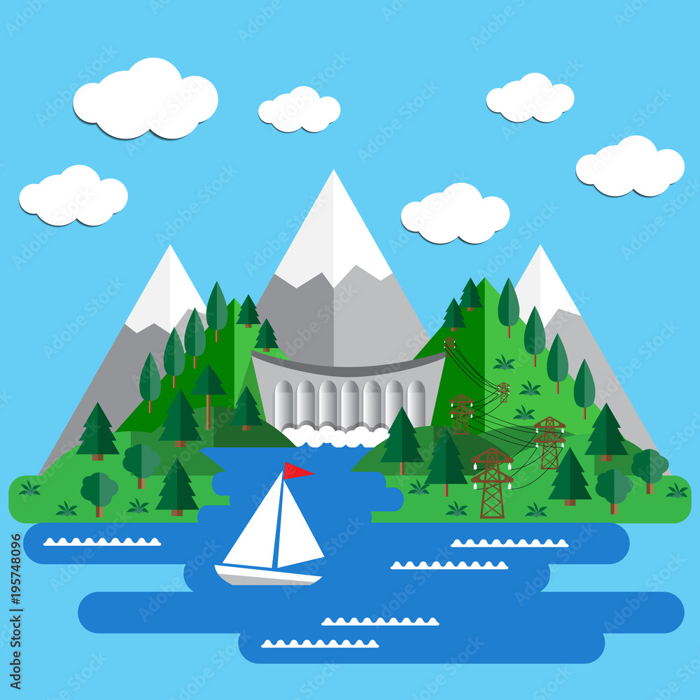 Hydroelectric power plant on a blue background. Ecology. Vector illustration.