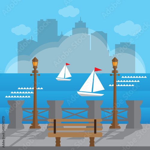 Embankment on the background of the city. Vector illustration.