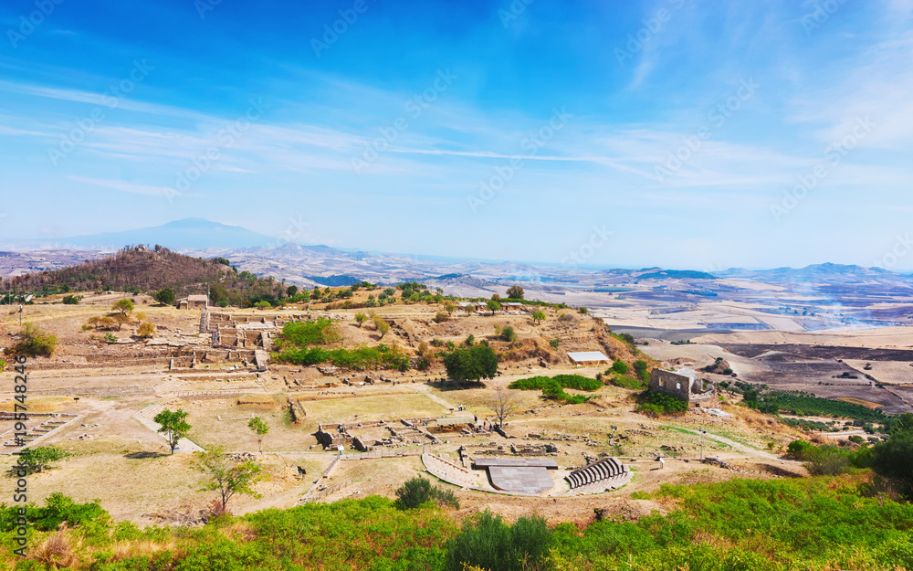 Greek theater and other ruins of Morgantina archaeological site Sicily