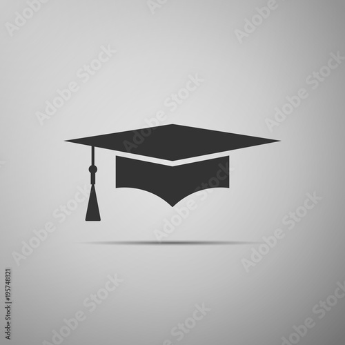 Graduation cap icon isolated on grey background. Graduation hat with tassel icon. Flat design. Vector Illustration