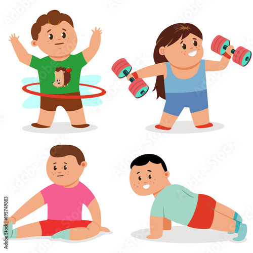 Kids doing fitness exercises. Cute cartoon girl and boy vector character set isolated on a white background. Healthy lifestyle and sport illustration.