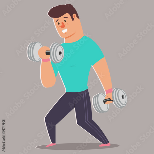 Mаn doing fitness exercises with dumbbells. Cute guy cartoon vector character isolated on a white background. Healthy lifestyle and sport illustration.