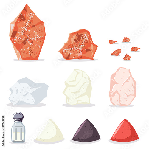 Himalayan pink and rock salt, sugar, pepper and other spices. Vector icon set of raw minerals for cooking isolated on white background.