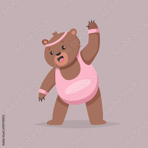 Cute Bear cartoon character doing exercises. Fitness and healthy lifestyle. Vector illustration of fat funny animal isolated on background.