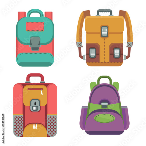 Tourist, city and school backpack flat vector icon. Objects isolated on white background.