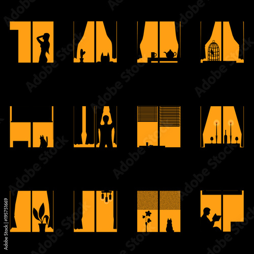 Seamless pattern of light night windows of a multistory building with silhouettes