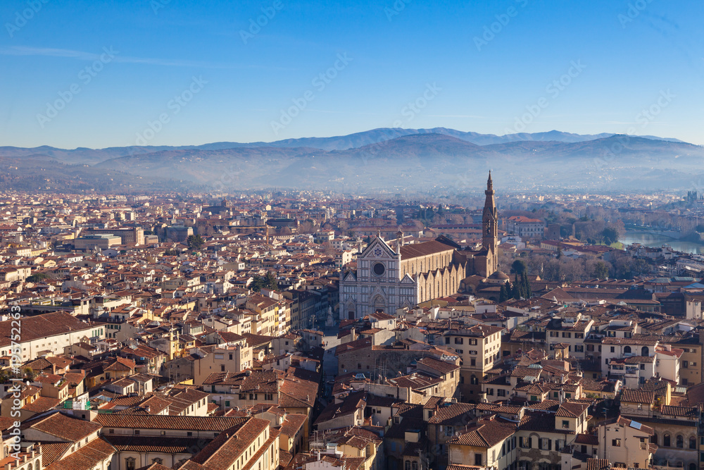 Basilica di Santa Croce di Firenze top view over the rooftops of Florence, Toscana, Italy