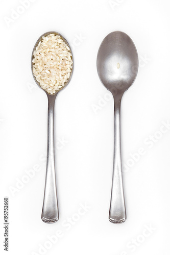 food inequality, two spoons: one full of rice and the other with just a grain
