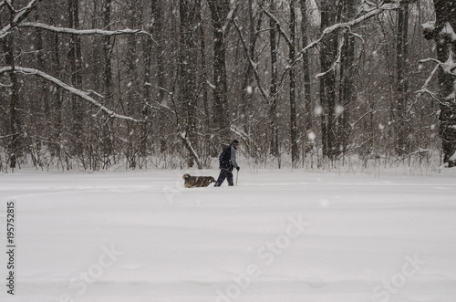 a man is walking with a dog under a heavy snowfall 