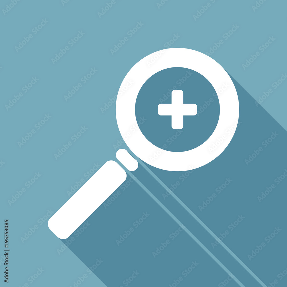 Zoom In icon. White flat icon with long shadow on background Zoom In icon. White flat icon with long shadow on background